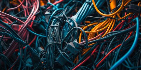 mess of colorful electrical wires and cables  complexity confusion or disorganization.