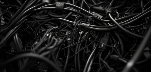 a close up tangled mess of black cables in the box - obrazy, fototapety, plakaty