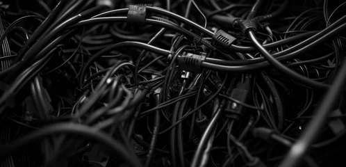 Foto op Plexiglas a close up tangled mess of black cables in the box © พงศ์พล วันดี