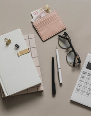 Planning, accounting of income expenses. Business finance concept. Accessories - planner, calculator on a light grey background, top view