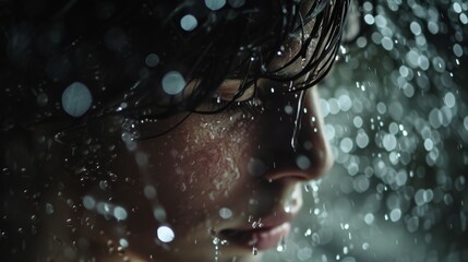 close up of woman standing in the rain experience mental illness - obrazy, fototapety, plakaty