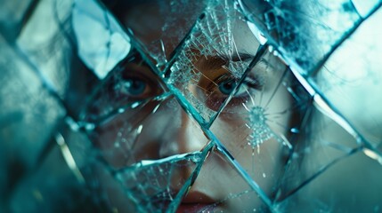 close up of psycho woman face in shattered glass mental illness - obrazy, fototapety, plakaty