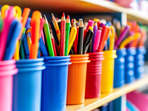 Bright and Colorful Art Supplies, Creativity and Education Concept, Rainbow of Pencils and Crayons for School Projects