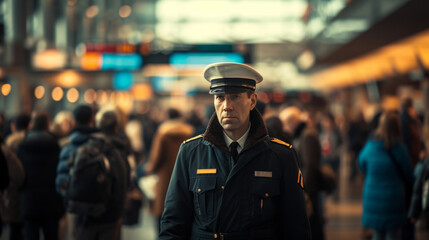 uniformed airline officer maintaining in a busy public space with tight flight schedules