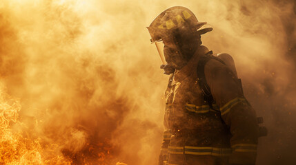 firefighter with smoke and flame heat sacrifice in emergency services - obrazy, fototapety, plakaty