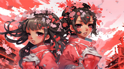 Anime Style Cherry Blossom Twins Wallpaper Background