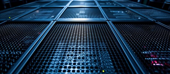 A server room houses a stack of servers, forming a mesh of composite materials. The electric blue tints on their parallel surfaces create a symmetrical pattern, resembling a cityscape.