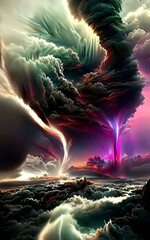 landscape with clouds and sun.Surreal landscape.Abstract designs of colorful thunderstorms or "Colorstorms" :). Lightning covers the sky and hits the ground.