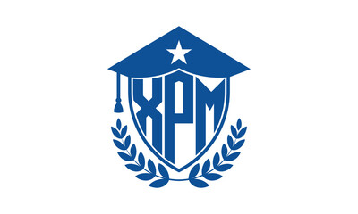 XPM three letter iconic academic logo design vector template. monogram, abstract, school, college, university, graduation cap symbol logo, shield, model, institute, educational, coaching canter, tech