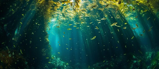 Obraz premium The forest is bathed in sunlight, filtering through the lush green canopy, creating a beautiful landscape amidst the darkness.