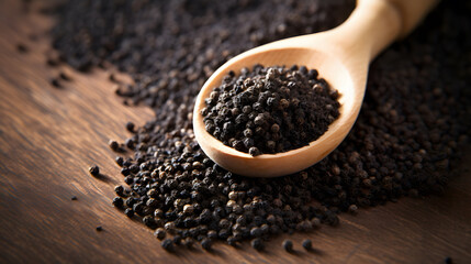 black pepper on wooden spoon over isolated background