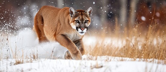 A carnivorous big cat with whiskers and fur, known as a mountain lion, is seen running through a snowy field in its natural terrestrial habitat.
