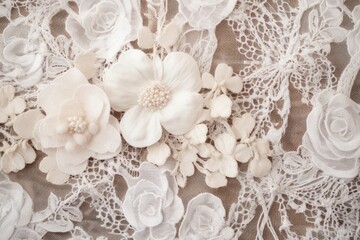  Elegant White Lace Fabric with Delicate Floral Patterns and Pearlescent Beadwork