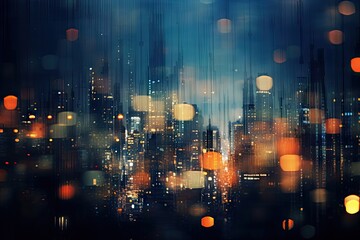 Abstract Urban Dreamscape with Raindrops on Window Overlooking City Lights