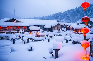 snow township landscape in early morning.ski resort in winter.