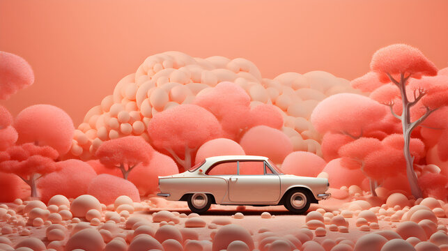 Coral Dreamland with Vintage Car Wallpaper Background