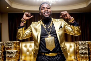 African Black man showing off his wealth with bling and gold, like a successful rapper or a Nigerian prince