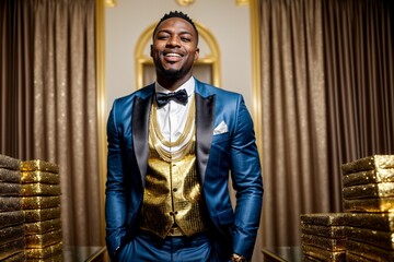 African Black man showing off his wealth with bling and gold, like a successful rapper or a Nigerian prince