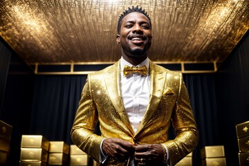 African Black man showing off his wealth with bling and gold, like a successful rapper or a Nigerian prince
