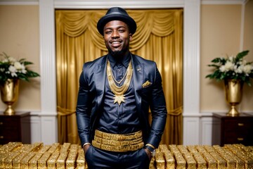African Black man showing off his wealth with bling and gold, like a successful rapper or a Nigerian prince - obrazy, fototapety, plakaty