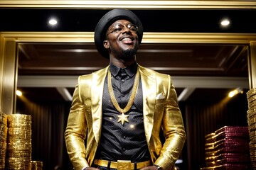 Fototapeta na wymiar African Black man showing off his wealth with bling and gold, like a successful rapper or a Nigerian prince