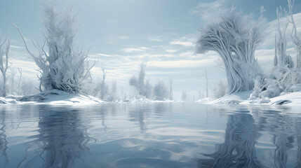 landscape with river,,
Winter snowy park trees in the snow a frozen river snowdrifts and ice fantasy winter landscape frosty sunset 3d illustration
