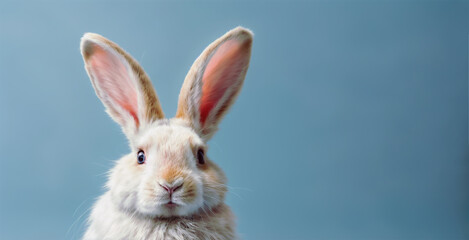 Obraz premium white rabbit with pink ears and blue eyes is staring into the camera against a blue background.
