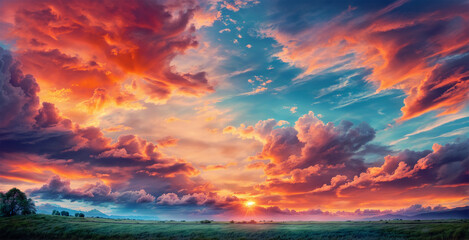 sunset with a sky on fire, orange and pink clouds contrasting with the blue sky, above a forest of green trees. - obrazy, fototapety, plakaty