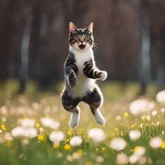 cat in the grass.cat and flowers.A kitten is jumping in the air.