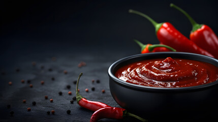 chilli sauce on little black bowl isolated over dark background
