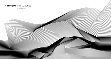 Vector abstract geometric dynamic shape on white and black background for concept of AI technology