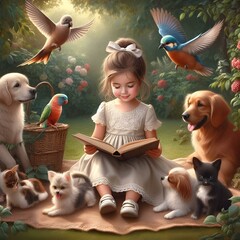 child and their dog and bird.child playing with a litter of adorable puppies, all of them grinning from ear to ear