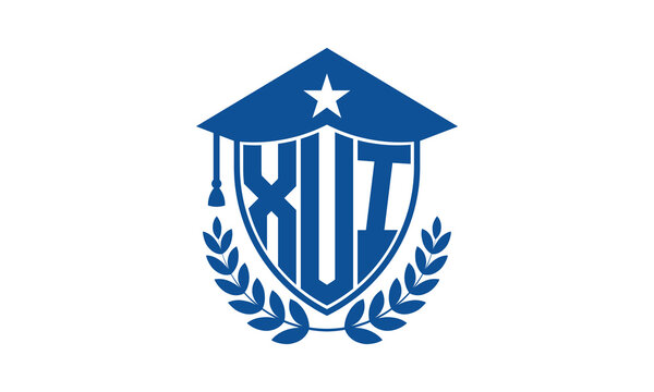 XUI three letter iconic academic logo design vector template. monogram, abstract, school, college, university, graduation cap symbol logo, shield, model, institute, educational, coaching canter, tech