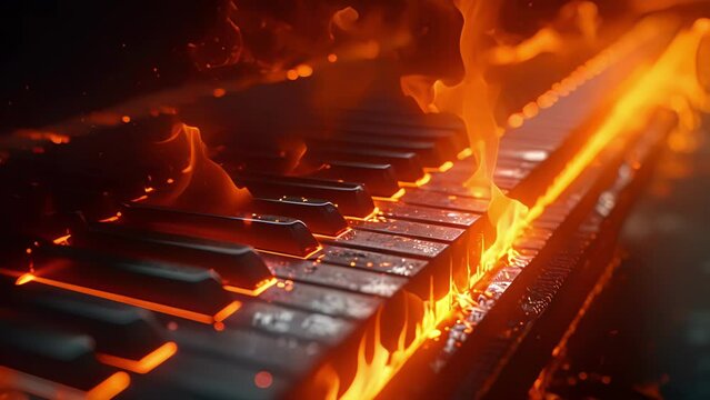 An intense and fiery piano performance is reflected in the glowing keys of an ablaze instrument creating a visually striking and powerful composition.