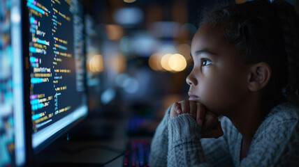 Young girl looking at computer screen with text and charts: programming, learning, coding