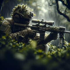 soldier with rifle.Soldier with weapons in modern equipment in winter.angry soldier with a rifle in a desert area.Futuristic army Combatants in a Firefight with Rifles and Protective Gear AI Generated