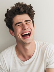 Young American man isolated on white background laughing, realistic, HD, copy space - generative ai