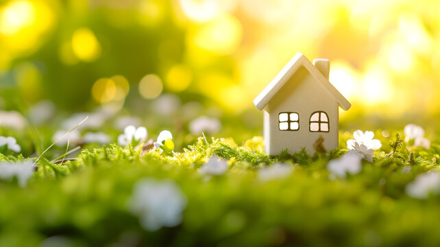 Spring background with a tiny toy house symbolizing family mortgage construction rental and property concepts. Neural network generated image. Not based on any actual person or scene.