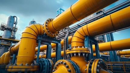 Industrial yellow gas and oil pipelines and valves on a blue sky background.Vibrant Blue Sky Frames Network Of Industrial Yellow Pipelines And Valves - obrazy, fototapety, plakaty
