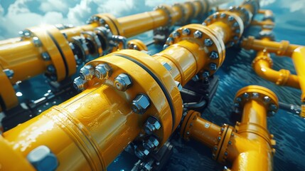 Industrial yellow gas and oil pipelines and valves on a blue sky background.Vibrant Blue Sky Frames Network Of Industrial Yellow Pipelines And Valves