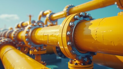 Industrial yellow gas and oil pipelines and valves on a blue sky background.Vibrant Blue Sky Frames Network Of Industrial Yellow Pipelines And Valves