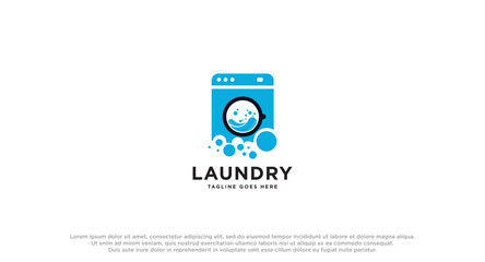 laundry logo in shades of blue with bubbles foam and washing clothes, simple creative logo, icon vector inspiration.