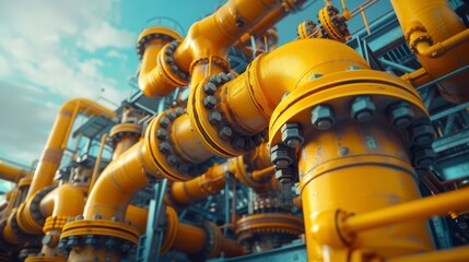 Fototapeta premium Industrial yellow gas and oil pipelines and valves on a blue sky background.Vibrant Blue Sky Frames Network Of Industrial Yellow Pipelines And Valves
