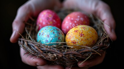 Fototapeta na wymiar Hands holding a nest with colorful Easter eggs, symbolizing celebration