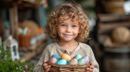 Fototapeta na wymiar Curly-haired child with basket of colorful Easter eggs, looking content