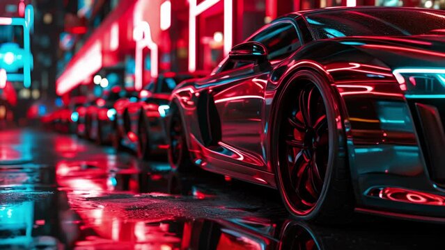A group of modern luxury cars their metallic bodies shimmering under the glowing neon signs of their respective brands.