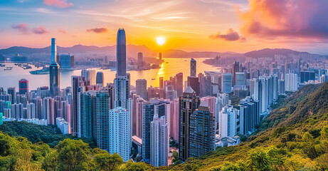 Obraz premium Dusk View of Victoria Harbor, Hong Kong Skyline and Architecture, Urban Landscape and City Travel Concept