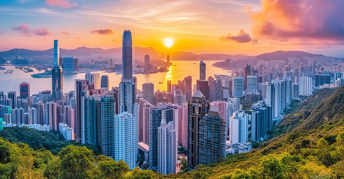 Dusk View of Victoria Harbor, Hong Kong Skyline and Architecture, Urban Landscape and City Travel Concept