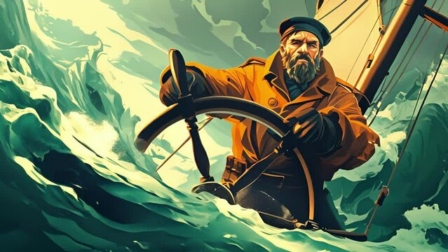 A sternlooking captain stands at the helm of the ship his hand firmly on the wheel as he steers through rough waters.