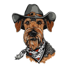 Airedale Terrier dog Head wearing cowboy hat and bandana around neck
